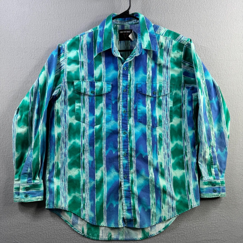 Vintage Frontier Series Shirt Mens Large Blue Western Striped Button Cowboy 90s